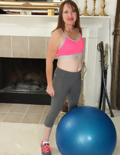 Mature wife and her trimmed vagina on blue fitness ball